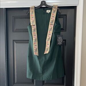 Tuckernuck Green Mini Dress with Floral Embroidered Jacquard Shoulder Details